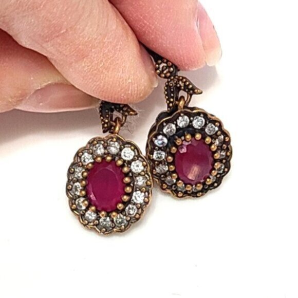 Vintage Antique Boho Sterling Silver Oval Ruby Crystal Halo Earrings - Picture 5 of 6